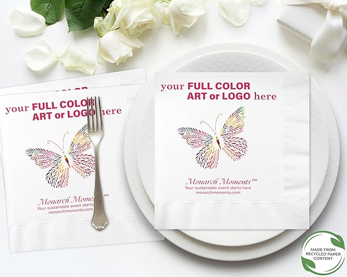 B.E. Green Custom Dinner Napkins - Personalized Recycled Paper Content Napkins - Eco-friendly & Full-Color Digital Printed - Weddings, Events & Celebrations - Pack of 50 - Coin Edge Embossed, 8"x 8"