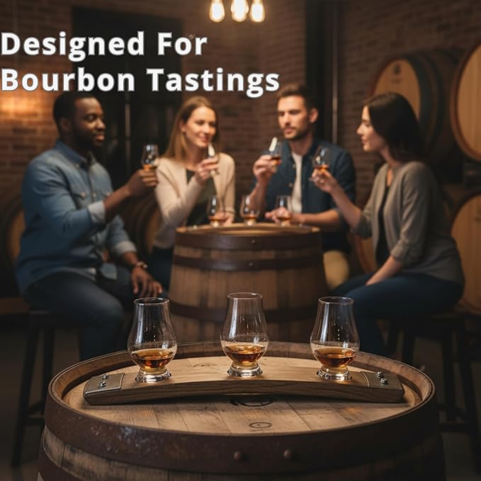 Premium Barrel Stave Whiskey Flight: Scotch & Bourbon, 3 Glencairn Crystal Glasses (No Glasses, Red Mahogany)