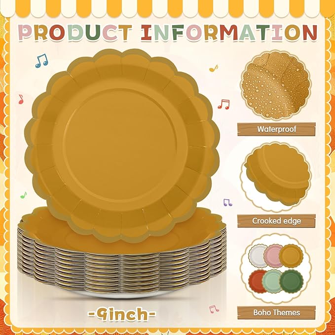 96 Pcs Fall Boho Paper Plates 9 Inch Gradient Scalloped Paper Disposable Dinner Dessert Plates for Birthday Wedding Bridal Party Supplies, 6 Colors