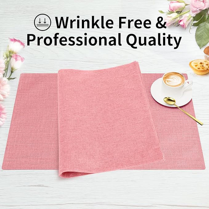 Cloth Placemats, Set of 4 Heat-Resistant Cotton Linen Blend Double Layered Machine Washable Place Mats, Wrinkle Free Thick Fabric Dining Table Mats for Indoors & Outdoors (Baby Pink, 4)