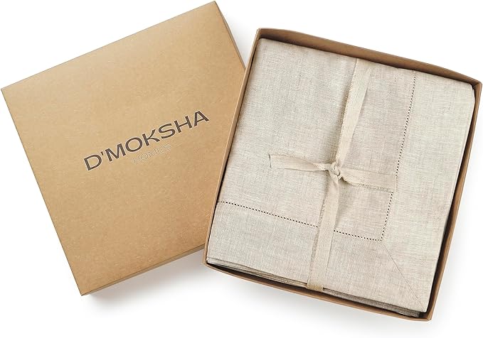 D'Moksha Homes Light Natural Linen Tablecloth 54 x 72 Inch - 100% Pure Linen Natural Table Cloth for Rectangle Tables - Classic Hemstitch, Machine Washable Tablecloth for Valentines, Spring, Easter