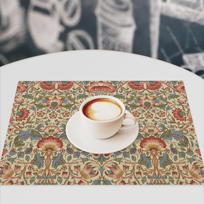 William Morris Placemat Set, Beige Blue Pink Retro Rustic Art Exotic Ethnic Lotus Floral Seamless Pattern Home Decor Linen Table Mats for Dining Room Kitchen Party (17x12in) x4P
