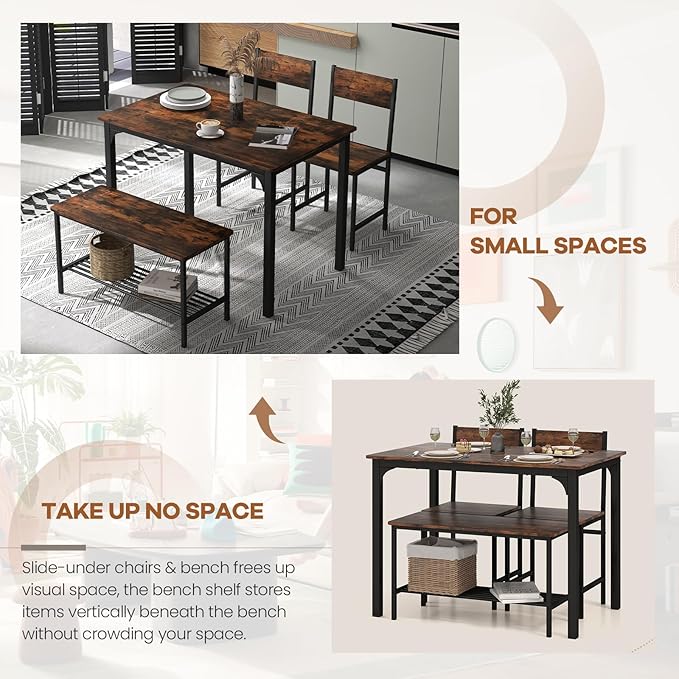 NAFORT Dining Table Set for 4 with Bench, Industrial Kitchen Table and Chairs, Rustic Brown Wood & Black Metal 4-Piece Dining Set for Apartment, Small Space, Kitchen & Dining Room