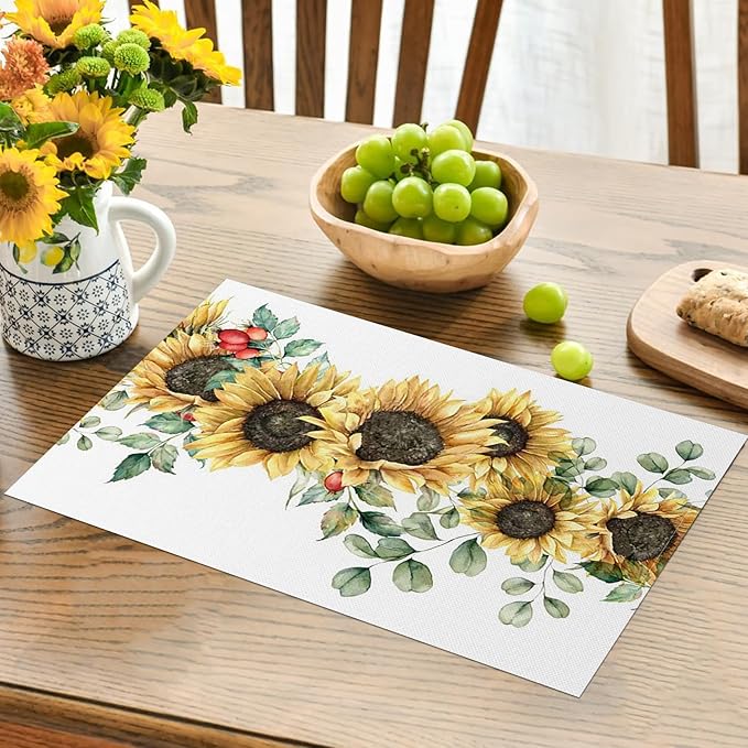 AOFOTO Sunflower Printed Placemats Set of 4 Spring Yellow Floral Leaves Fruit Printed Place Mats Washable Rectangular Table Mats for Party Home Kitchen Restaurant Dining Table Decor 12x18 Inch