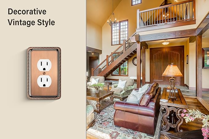 Henne Bery Rope Edge Decorative Wall Plate Switch Plate Outlet Cover (Single Duplex, 2 Pack, Antique Copper)