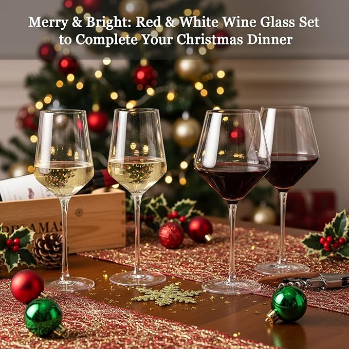 Physkoa Wine Glass Set of 4 – 2 Red Wine (23oz) & 2 White Wine (14oz) Hand-Blown Crystal Glasses with Corkscrew, Perfect for Christmas, Wedding & Housewarming Gifts
