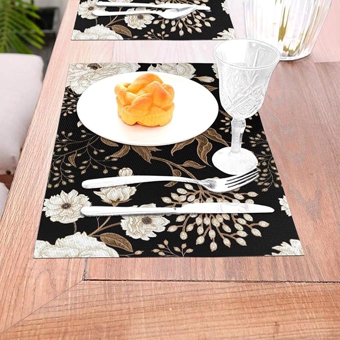 Placemats Set of 6 Vintage Peony Place Mats Beige Floral Leave Rustic Black Woven Table Mats Washable Beige Flower PVC Placemat for Dining Kitchen Decor Indoor Outdoor, 12 x 18 Inch