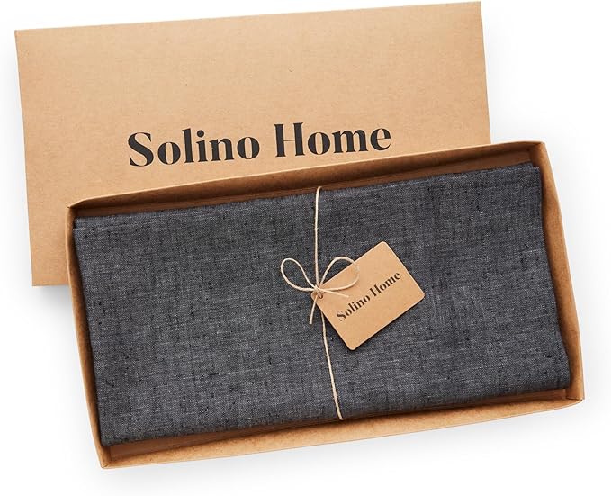 Solino Home Linen Square Tablecloth 52 x 52 Inch - 100% Pure Linen Charcoal Grey Table Throw - Athena, Machine Washable Tablecloth for Winter, Spring