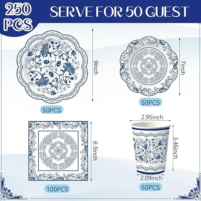 Pickmesh 250 Pcs Blue White Floral Disposable Tableware Set Blue and White Porcelain Pattern Disposable Paper Plates Napkins and Cups for Chinoiserie Baby Shower Birthday Wedding Tea Party Supplies