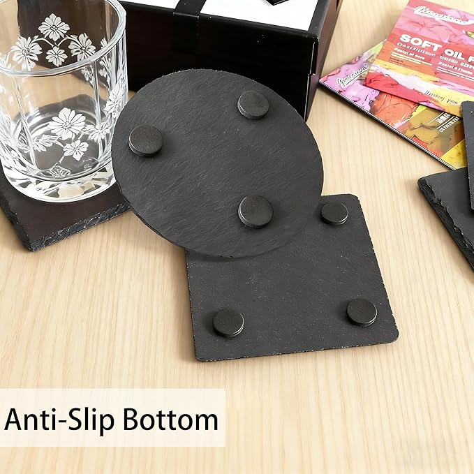 6 Pieces Slate Drink Coasters, 4 Inch Personalized Black Coasters Stone Coaster Set, Laser Engraving Blanks, Scratch Resistant Bottom, Home Office Kitchen Housewarming Gifts Wedding Party,Round