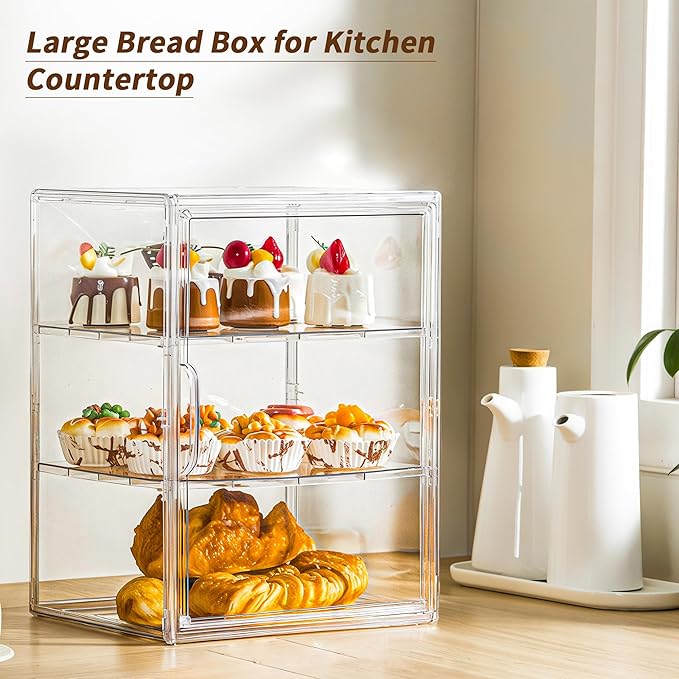 Attelite Pastry Display Case, Large Bread Box for Kitchen Countertop, 2 Pack 3 Layers Adjustable Clear Bread Storage with Magnetic Door, Bread Container for Bread, Bagel, Donut