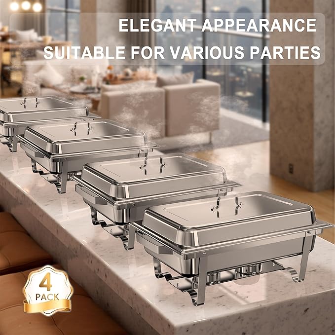 Chafing Dishes for Buffet 4 Pack, 11QT [Large Size and Sturdy] Stainless Steel Food Warmers for Parties Buffet [Silver Colors] Catering Supplies Buffet Display