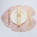 Evevda Rose Gold Leaf Shaped Vinyl Placemats for Dinner Table Set of 6 Metallic Plastic Place Mats Wipeable 6Pcs Table Mats for Wedding Annersary Dinner Table Decoration Mats(17.7x13.8inch/45x35cm)