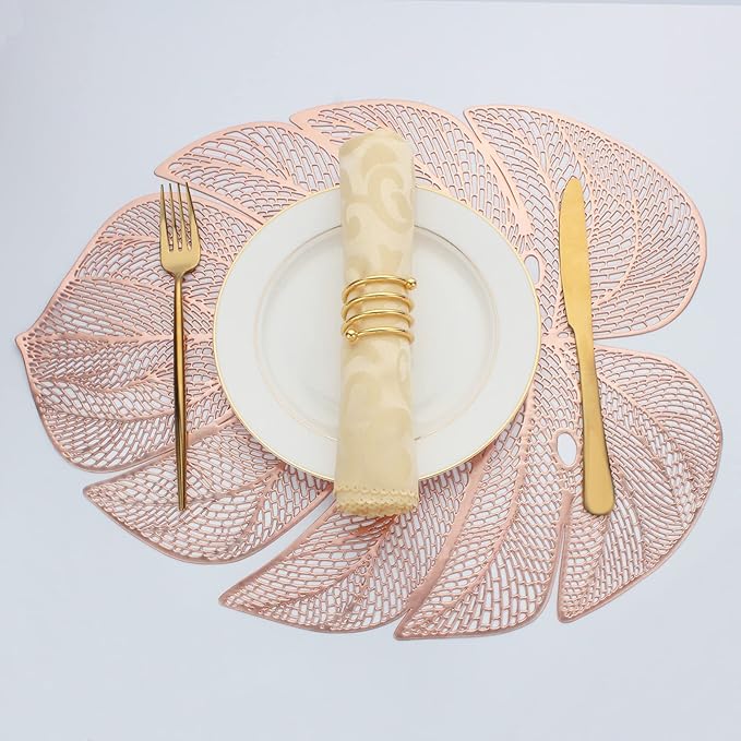 Evevda Rose Gold Leaf Shaped Vinyl Placemats for Dinner Table Set of 6 Metallic Plastic Place Mats Wipeable 6Pcs Table Mats for Wedding Annersary Dinner Table Decoration Mats(17.7x13.8inch/45x35cm)