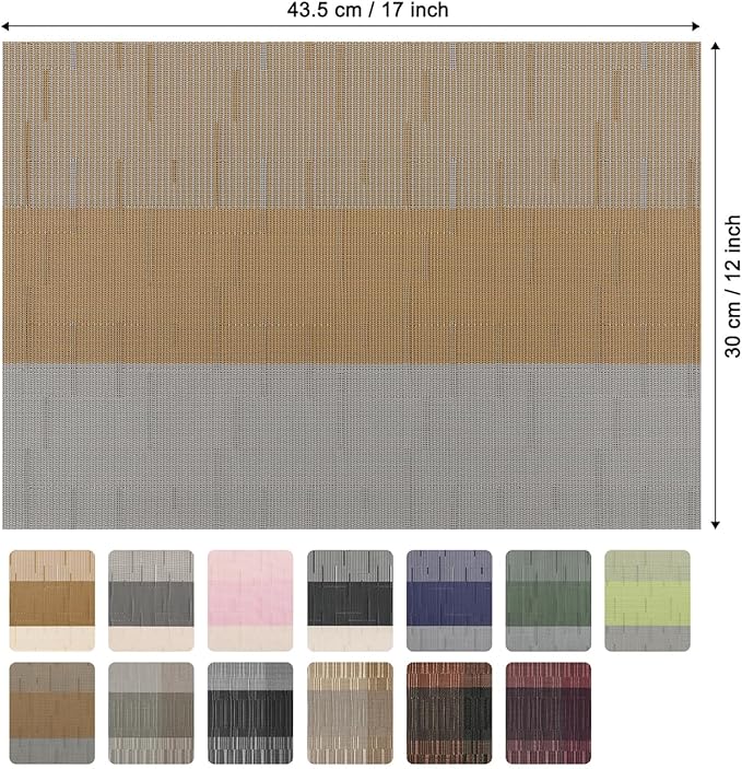 Placemats Set of 4, Vinyl Woven Place Mats Indoor Set of 4 Washable Wipeable PVC Table Mats Heat-Resistant Non Slip Placemat for Kitchen Dining Outdoor Table (Gray Light Brown, Set of 4)