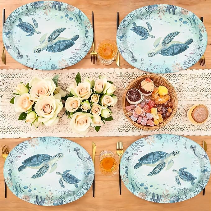 50Pcs Coastal Turtle Oval Paper Plates 10" X 12" Large Disposable Heavy Duty Ocean Blue Sea Turtles Paper Platters Sea Coral Starfish Plates for Holiday Summer Birthday Party Supplies