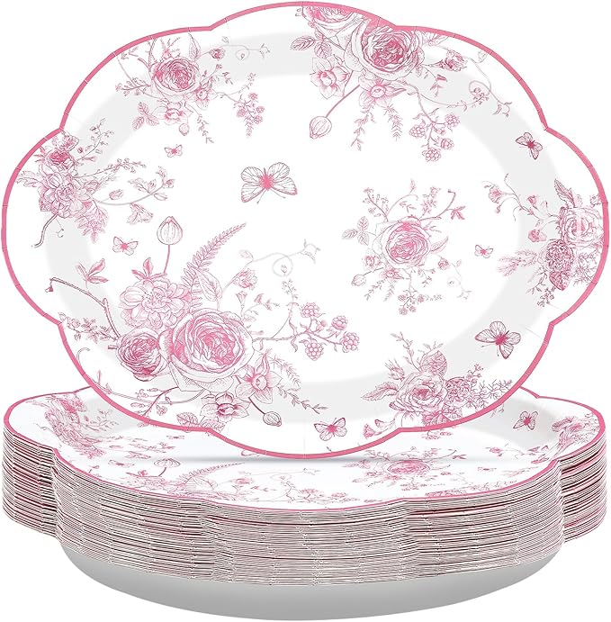 50Pcs Pink Floral Oval Paper Plates 10" x 12" Large Pink and White Floral Scalloped Plates Disposable Heavy Duty Vintage Flower Dessert Platters for Wedding Bridal Shower Decoration Tea Party Supplies