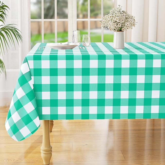 misaya Rectangle Waterproof Vinyl Table Cloth, Buffalo Flannel Backed Tablecloth, Wipeable Plastic Table Cover for Dinner, Kitchen, Outdoor (54" x 108", Green and White)