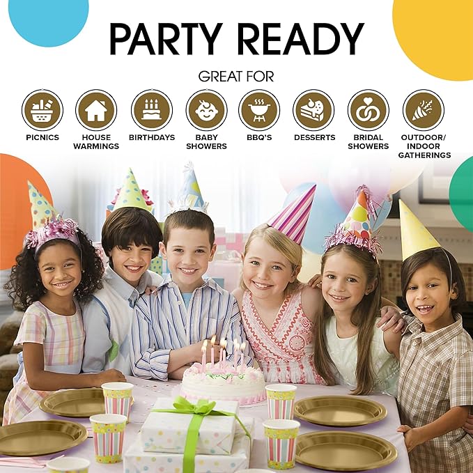 Gold Plastic Plates For Party 7" Gold Disposable Plates Heavy Duty 100 Pcs Plastic Dinnerware Sets Heavy Duty 350 GSM Disposable Dinnerware Set