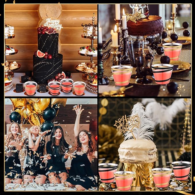 Gejoy 9 oz Rimmed Swirl Plastic Cups Disposable Wine Drinking Cups Clear Elegant Halloween Tumblers for Christmas Party Supplies(Black, Gold,50 Pcs)