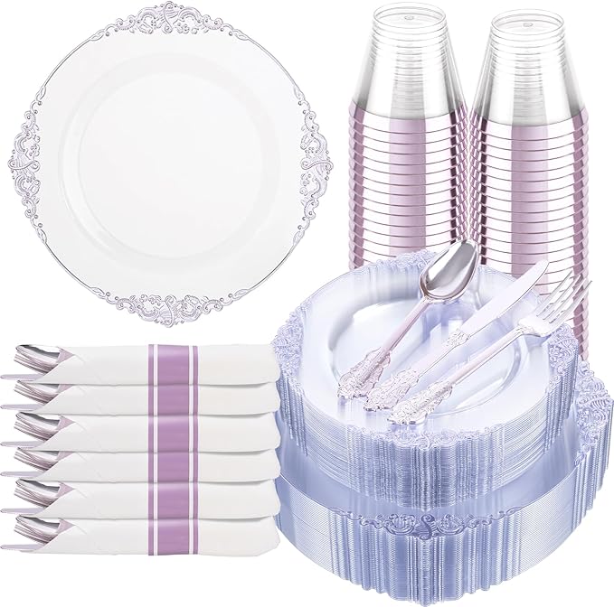 Hioasis 175pcs Clear and Purple Plates - Purple Party Plates for 25 Guest, Include 50 Heavy-duty Plates(20% Thicker Than Standard), 25 Pre Rolled Gold Plastic Silverware Set, 25 Cups