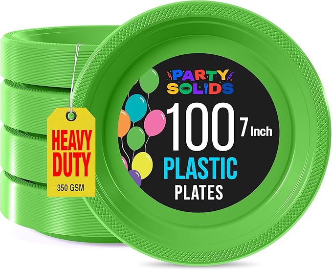 Lime Green Plastic Plates For Party 7" Lime Green Disposable Plates Heavy Duty 100 Pcs Plastic Dinnerware Sets Heavy Duty 350 GSM Disposable Dinnerware Set