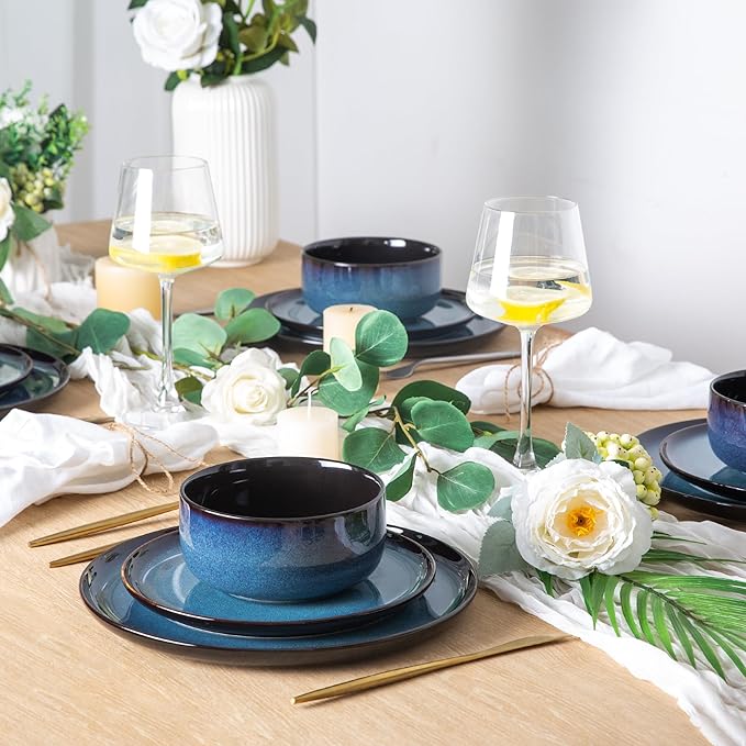 LeRatio Ceramic Dinnerware Sets for 6,Porcelain Plates and Bowls Sets,Handmade Reactive Glaze Dishes Set,Chip Resistant and Scratch Resistant | Oven&Dishwasher & Microwave Safe-Blue(18PCS)