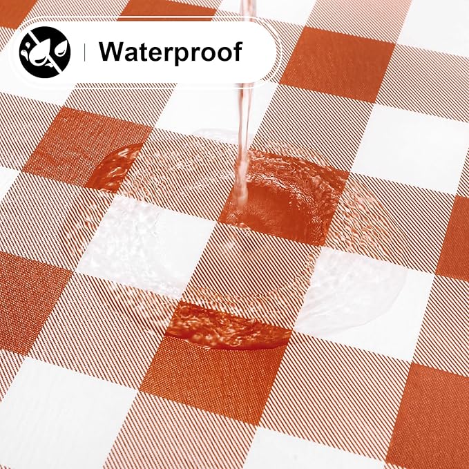 misaya Rectangle Waterproof Vinyl Table Cloth, Buffalo Flannel Backed Tablecloth, Wipeable Plastic Table Cover for Dinner, Kitchen, Picnic, (60" x 84", Rust and White)