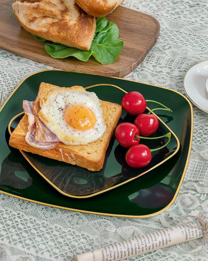 bUCLA 50PCS Green and Gold Plastic Plates - Green Gold Square Plastic Disposable Include 25 Each (Dinner & Dessert) Plates, Ideal for Party & Christmas