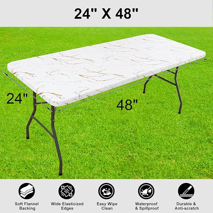 Smiry Rectangle Table Cloth Cover, Waterproof Elastic Fitted Picnic Tablecloth for 4 Foot Tables, Wipeable Flannel Backed Vinyl Tablecloths for Camping, Dining, Outdoor (White, 24" x 48")