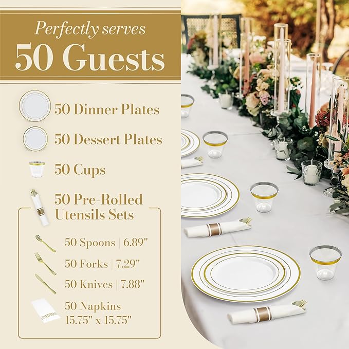 Reli. Plastic Plates for Party | 350 Pieces | White w/Gold Rim | Plates and Napkins Party Supplies | Disposable Dinnerware Set for 50 Guests | Dinner & Dessert Pack, Pre-Rolled Gold Cutlery Set, Cups