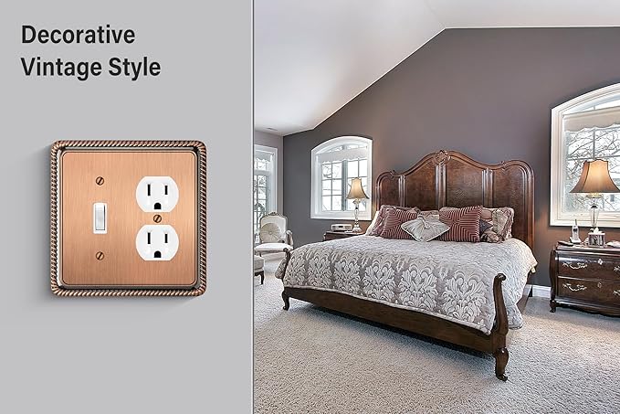 Henne Bery Rope Edge Decorative Wall Plate Switch Plate Outlet Cover (Toggle/Duplex, Antique Copper)