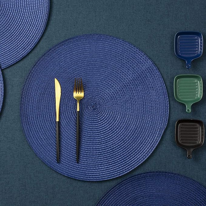 AHHFSMEI Round Braided Placemats 15 Inch Round Table Mats for Dining Tables Natural Woven Heat Resistant Place mats Set of 8 (Navy Blue,8)