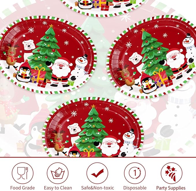 50Pcs Christmas Oval Paper Plates 10" x 12" Large Disposable 400 GSM Heavy Duty Cartoon Penguin Reindeer Snowman Dessert Plates Merry Christmas Birthday Decorations for Festive Xmas Party Supplies