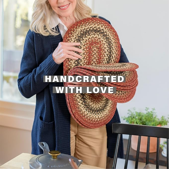 Homespice Chester Jute Braided Placemats, Warm Lodge and Cabin Decor, Set of 4, Red 13x19 Oval Table Mats - Vibrant Colors, Durable, Easy to Clean and Protects Furniture