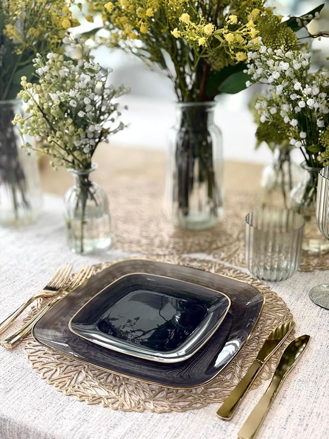 " OCCASIONS " 240 Pieces Pack,(120 Guests) Premium Wedding Party Disposable Plastic Plates Set -120 x 10'' Dinner + 120 x 7'' Salad/Dessert (Belize Square in Black & Gold)