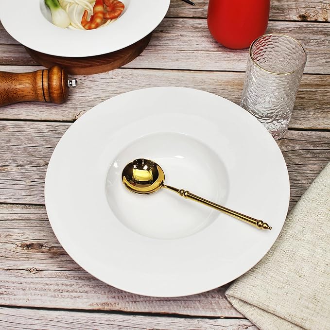 Ceramic Wide Rimmed Soup Plate, Soup Bowl 8 oz, Pasta Bowl Set of 4, White Shallow Bowl Plate with Rim, Best choice for high-end restaurants, hotels, and foodies, 9.6 Inch