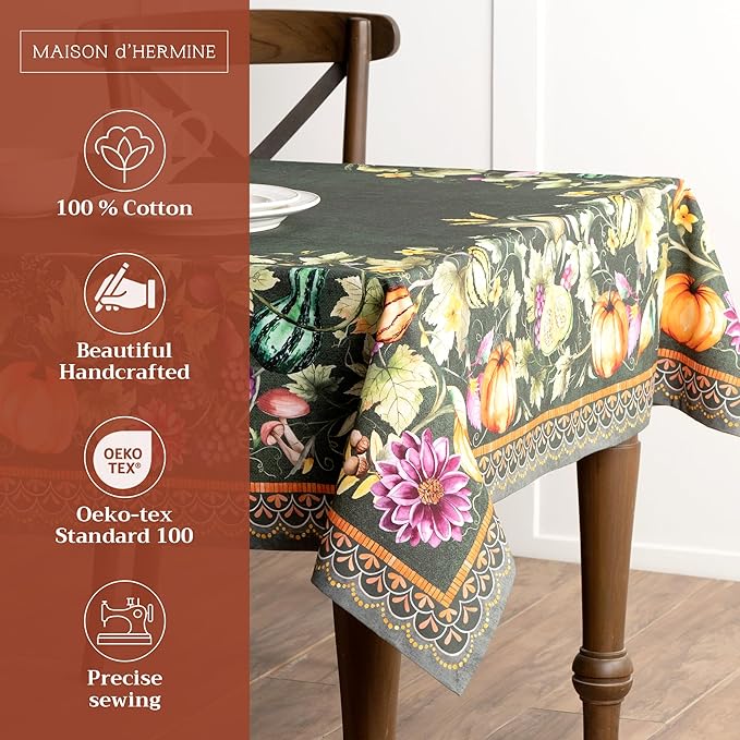 Maison d' Hermine Table Cloth Rectangle Table 100% Cotton 70 x 120 Inches Fall Tablecloth Reusable Everyday Use for Thanksgiving Christmas Decorations Dining Farmhouse (Pumpkin Garden - Dark Green)