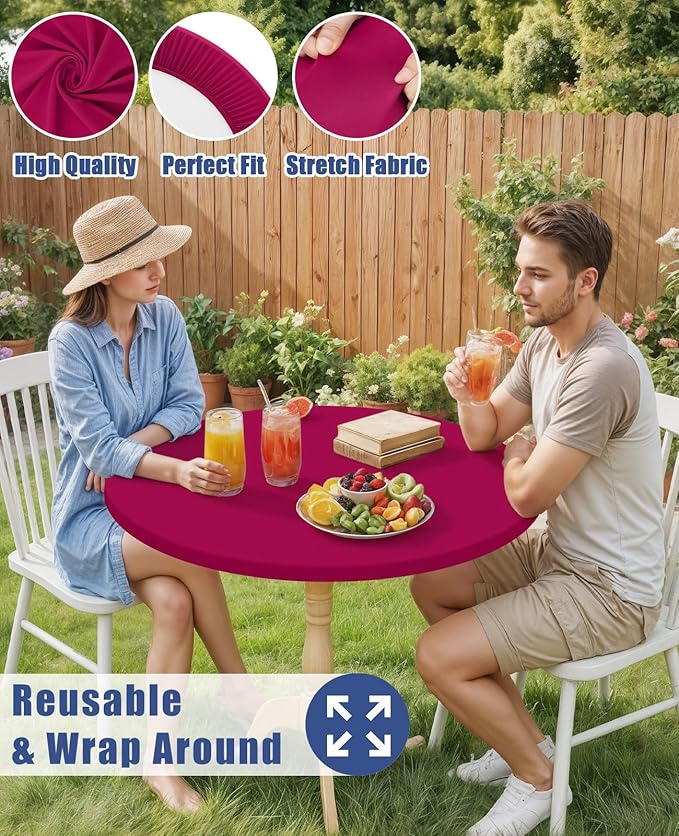 Round Spandex Tablecloth 2 Pack, Elastic Fitted Waterproof Tablecloths for 57"-68" Tables, Stretch Washable Picnic Table Cover for Camping, Dining, Indoor and Outdoor, Fuchsia