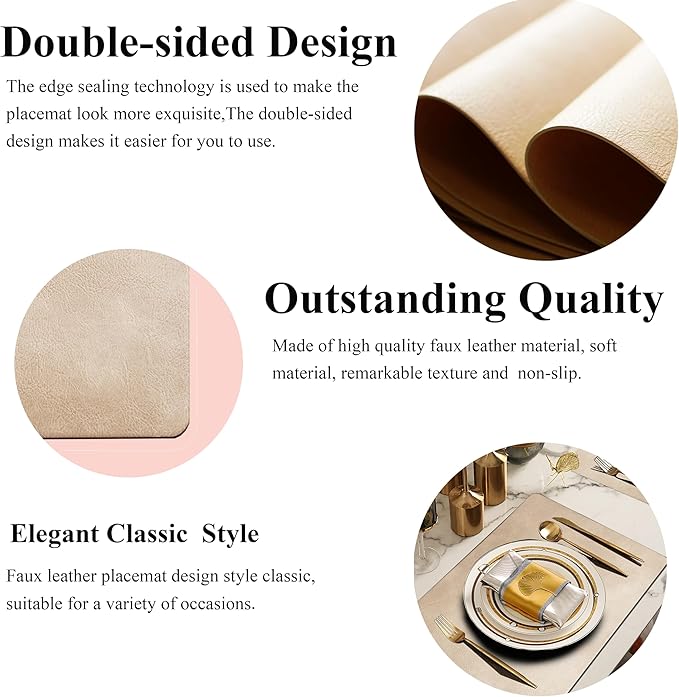 Cowhide Pattern PU Leather Placemats Set of 6 Heat Resistant Kitchen Table Mats, Non-Slip Dining Table Decorations, Double-Sides Waterproof Wipeable Place mats(Beige)