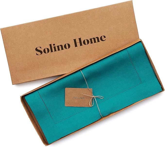 Solino Home Linen Hemstitch Table Runner 48 Inches - 100% Pure Linen Teal Table Runner 14 x 48 Inch Ideal for Dresser and Coffee Tables - Classic Hemstitch
