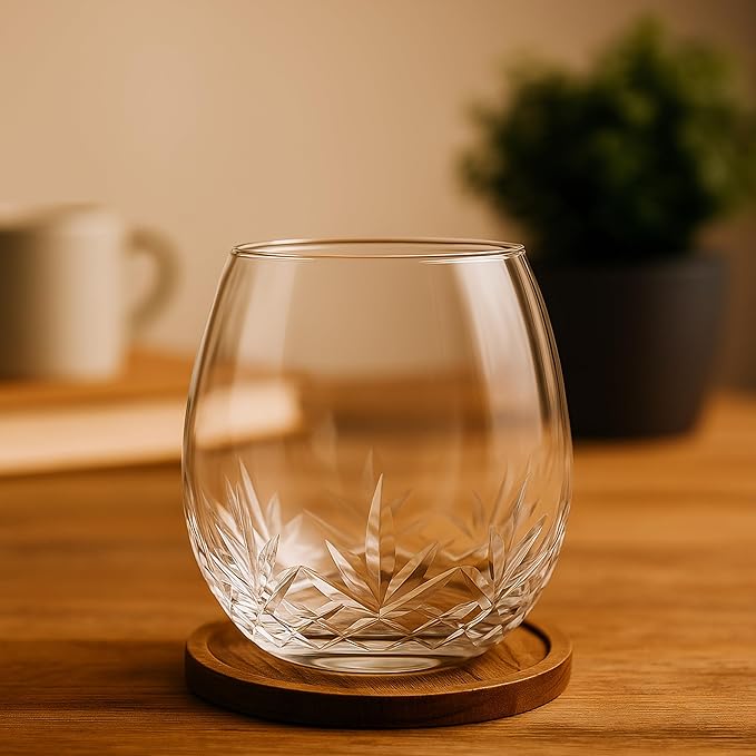 SHOSHIN Hand-Cut Stemless Wine Glasses – Hand Made Lead-Free Crystal Glass (15 Oz, Set of 4) – Ideal Gift