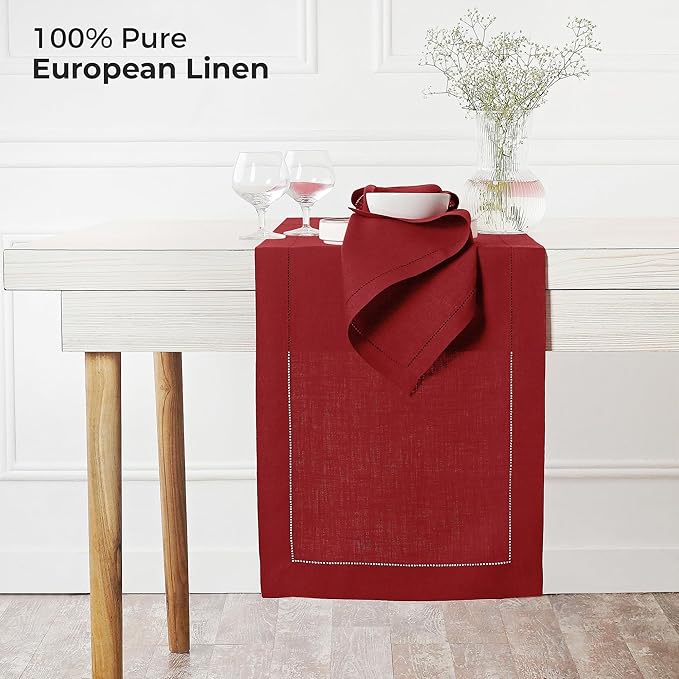 D'Moksha Homes Linen Red Table Runner 72 Inches Long - 100% Pure Linen Hemstitch Table Runner 14 x 72 Inch for Dresser, Dining, Valentines, Spring - Classic Hemstitch