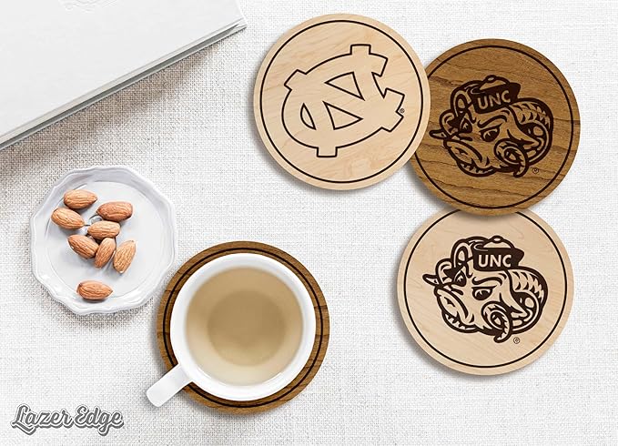 LazerEdge North Carolina Tar Heels Wooden Coaster Set - Maple Wood - Officially Licensed Product - 4-Pack