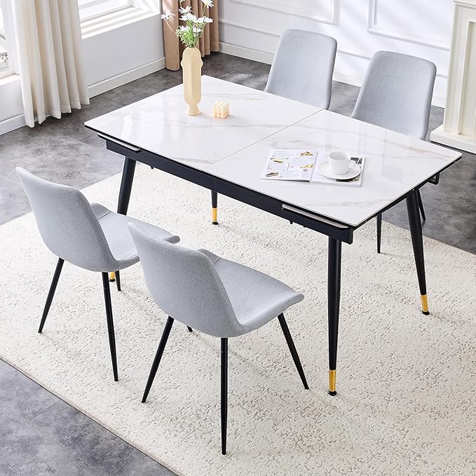 Extendable Dining Table Set for 4, 55'' to 78.8'' Rectangular Thickened Sintered Stone Kitchen Table with 4 Upholstered Chairs, Modern Space Saving 5-Piece Dinner Table Set