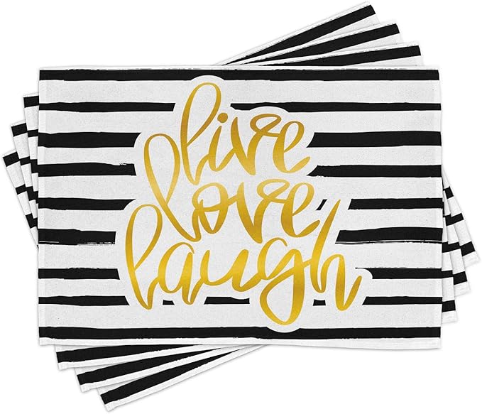 Ambesonne Live Laugh Love Place Mats Set of 4, Romantic Design Hand Drawn Stripes and Calligraphic Text, Washable Fabric Placemats for Dining Table, Standard Size, White Yellow