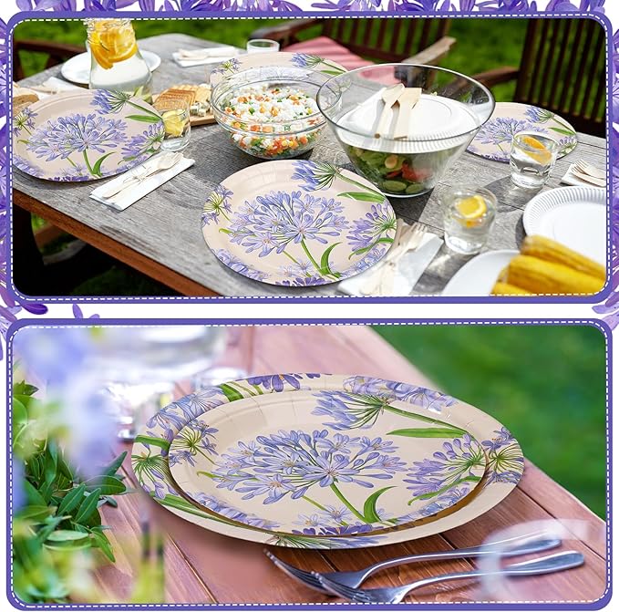 48 Pcs Agapanthus Garden Paper Plates Set Include 9" 7" Spring Watercolor Disposable Plates Summer Decorative Dinner Flower Birthday Party Tableware for Baby Shower Party Supplies