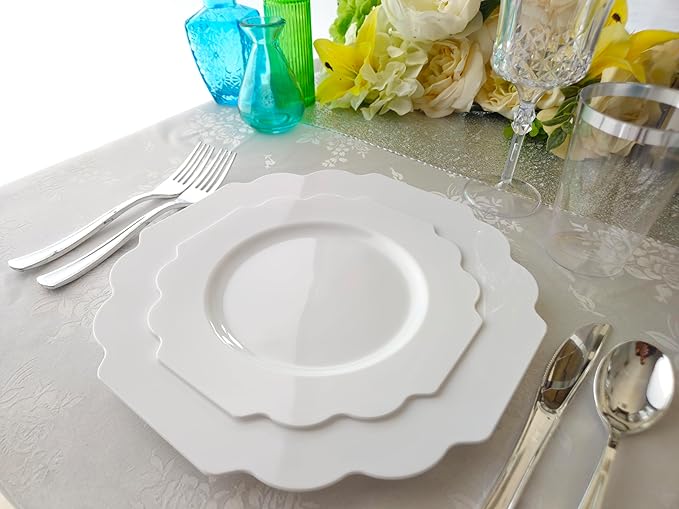 " OCCASIONS " 50 Plates Pack (25 Guests)-Heavyweight Wedding Party Disposable Plastic Plate Set -(25x10.5'' Dinner + 25x8'' Salad/Dessert) (Imperial in White)