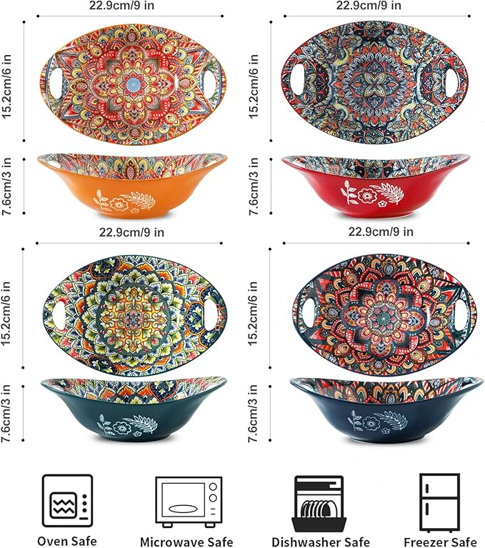 Ceramic Large Soup Bowl with Double Handle 9 inch Set of 4-20 oz, Embossed Bowl Set for Salad, Oatmeal, Dessert, Pasta, Stew, Dishwasher & Microwave Safe - Colorful