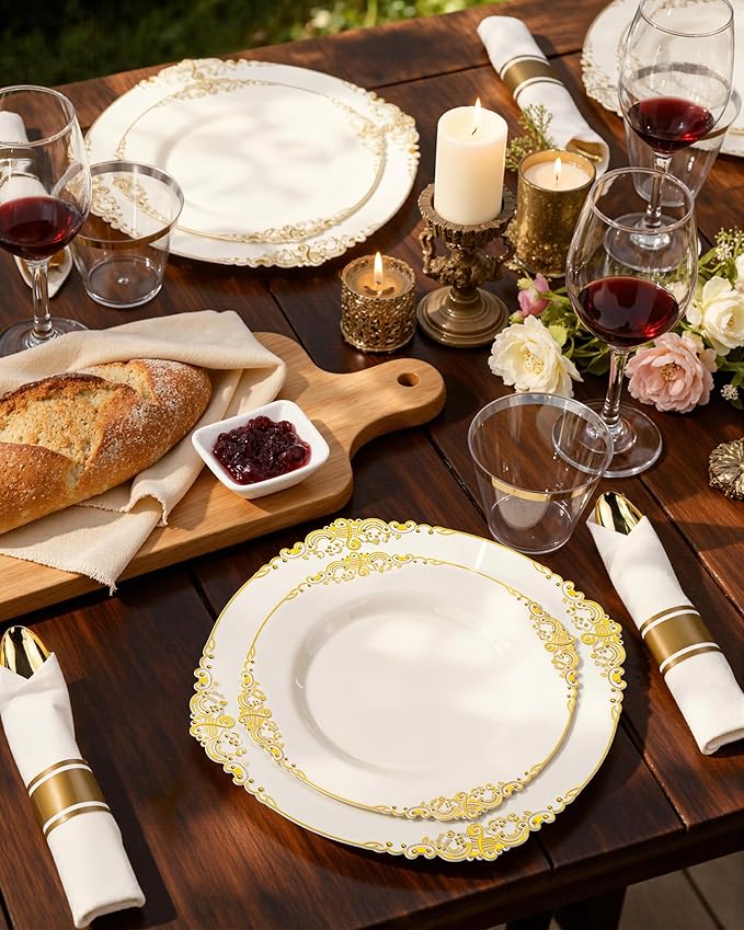 Nervure 350PCS Ivory Plastic Plates - Ivory Gold Plastic Dinnerware Sets for 50 Guests - 100 Gold Disposable Plates, 50 Pre Rolled Silverware Sets, 50 Cups Perfect for Wedding & Party